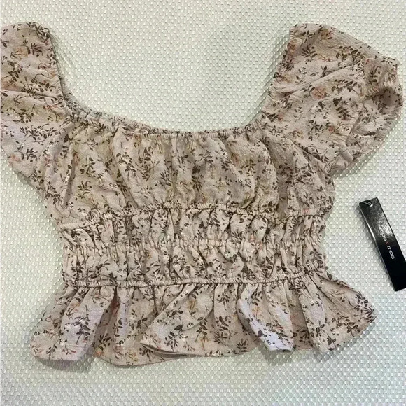 ✨NWT Moa Moa XS Smocked Y2K Ruffle Crop Top Puff Short Sleeve Floral Babydoll - Picture 5 of 7